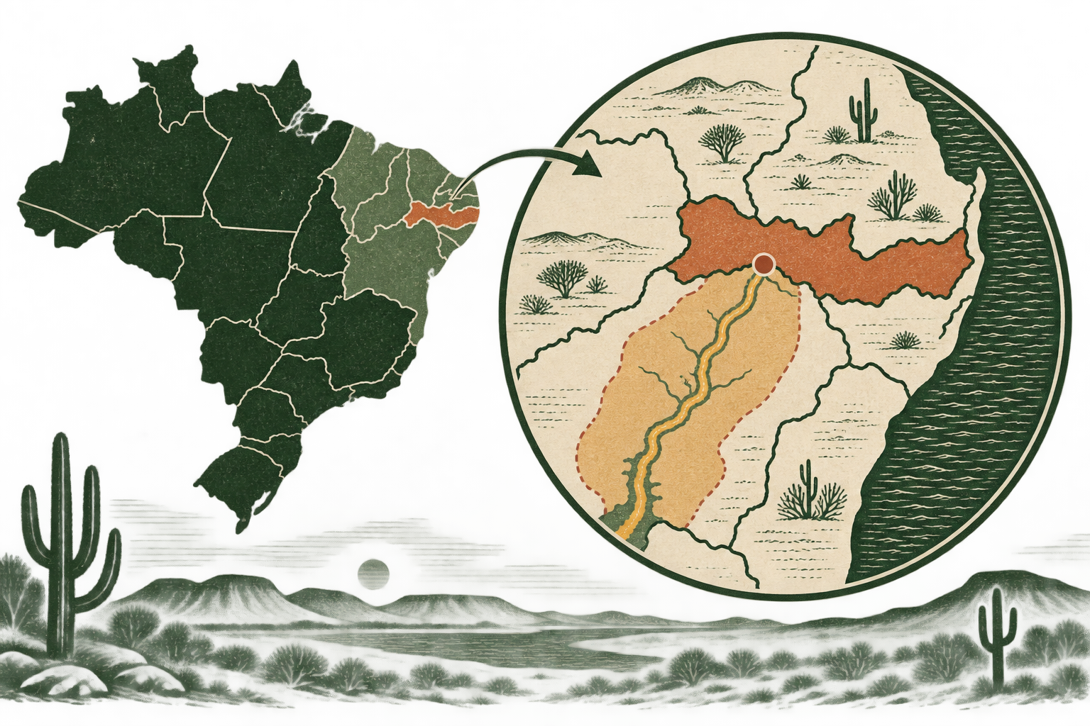 Mapa ilustrado do Brasil com destaque para o Vale do São Francisco e Petrolina