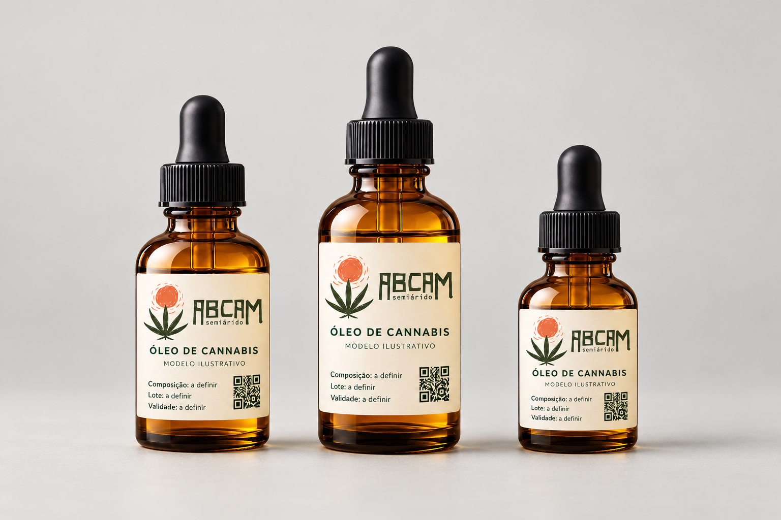 Modelo ilustrativo de três frascos de óleo de cannabis com rótulos demonstrativos ABCAM